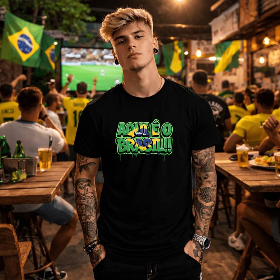 Unisex Printed T-Shirt Brazil World Cup 2026 Here Is Brazil 100% Premium Cotton Streetwear T-Shirt World Cup Oversized Casual Shirt Brazilian Fans Road To The Hexa - 黑色 - 查看 1