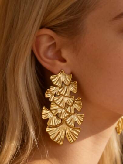 1 Pair Elegant 18K Gold Plated Stainless Steel Ginkgo Leaf Drop Earrings, Multilayer Botanical Earrings For Women, Suitable For Weddings And Parties