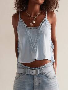 Women Floral Lace Trim Satin Camisole Crop Top Spaghetti Strap V Neck Flowy Silky Cami Tank Tops Summer Sleeveless Bakcless Loose Fit Vest Shirt Y2K Aesthetic Going Out Tops Sleep Lounge Wear Casual Daily Streetwear - 淺藍色 - 查看 3