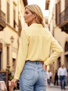 Long-Sleeved Striped Dress Shirt, In A Lightweight And Flowy Fabric, Suitable For Work And Casual Wear - Comfort And Style. - Yellow - View 4