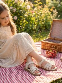 Kids Girls Beige Open Toe Sandals, Hollow Strap Design Hook-And-Loop Casual Shoes, Non-Slip Wear-Resistant Sole, Comfortable Padded Insole, Minimalist Retro Style, Perfect For Summer, School, Parties, Casual Daily Wear & Outdoor Activities, Lovely Kids Footwear For Toddlers & Little Girls - 米色 - 查看 3