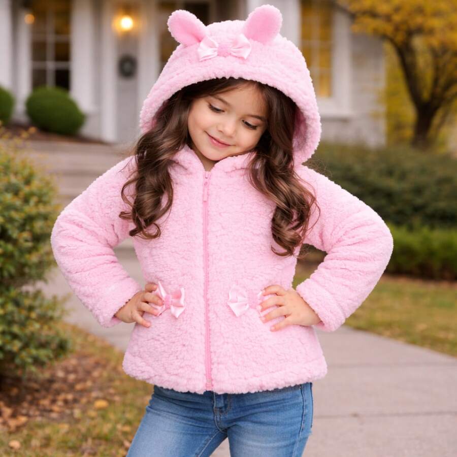 Teddy Bear Jacket For Girls, Faux Fur, Hooded With Zipper, Warm, Cuddly Children's Jacket - BB HỒNG - Xem 1