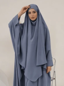 两件套穆斯林女性祈祷服套装，长袖宽松长袍，祈祷头巾，适合节日穿着 - 彩色 - 查看 4