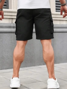 Men's Outdoor Multi-Pocket Khaki Shorts, Leather Label, Drawstring Waist Sports - Black - View 4