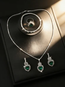 Bộ trang sức 5 món dành cho nữ: Dây chuyền đá sapphire hình trái tim, bông tai, nhẫn, vòng tay, trang sức cưới và dạ hội cao cấp. - Bộ trái tim - Xem 9