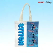 MINISO X Disney Stitch Multi-Expression Print Canvas Tote Bag, White & Blue Kawaii Reusable Shoulder Bag, Lilo & Stitch Themed Grocery Bag For Travel & Shopping - 1pc - 查看 6
