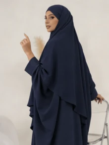 两件套穆斯林女性祈祷服套装，长袖宽松长袍，祈祷头巾，适合节日穿着 - 彩色 - 查看 5