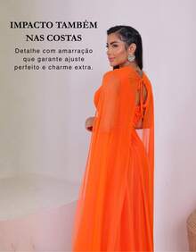 Women's Long Party Dress With Slit, Cape Sleeves, Gathered Bust And Brooch, Solid Color, Elegant, For New Year's Eve, Wedding, Bridesmaid, Graduation. - 橘色 - 查看 5