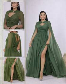 Women's Long Party Dress With Slit, Cape Sleeves, Gathered Bust And Brooch, Solid Color, Elegant, For New Year's Eve, Wedding, Bridesmaid, Graduation. - 橄欖綠 - 查看 6