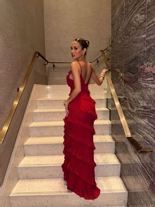 Vestido de tirantes finos con volantes multicapa y espalda descubierta de unicolor, adecuado para bodas, fiestas, cumpleaños, aniversarios, graduaciones, festivales de música en color rojo - Rojo - Ver 8