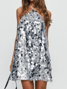 Ladies' Summer Casual Dress, Sleeveless And Backless, Adorned With Sparkling Sequins. Soft Fabric, Lightweight And Breathable. Ideal For Summer, Weddings, Clubs, Casual Wear, Birthday Parties, Vacations, Beaches, Holidays, Work, Daily Life, And Dating. - 銀色 - 查看 3