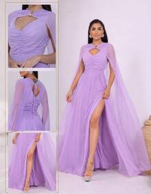 Women's Long Party Dress With Slit, Cape Sleeves, Gathered Bust And Brooch, Solid Color, Elegant, For New Year's Eve, Wedding, Bridesmaid, Graduation. - 紫丁香 - 查看 5