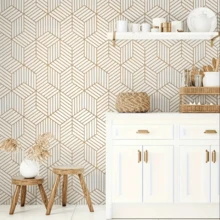 1 Roll Self-Adhesive Wallpaper, Gold Geometric Line Pattern, Minimalist Modern, Waterproof Oil-Proof Removable Wallpaper, Suitable For Kitchen Countertop, Cabinet, Wall, Room Decor, Home Decor, Living Room, Bathroom, Home Renovation, Furniture Makeover, DIY Decoration, Durable Wall Covering Material, Easy To Install, Home Upgrade - Gold - View 2
