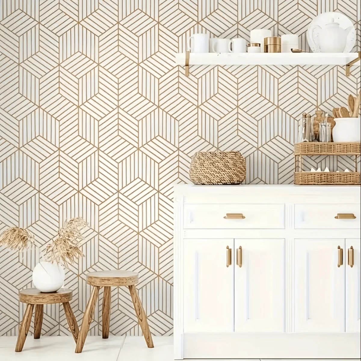 1 Roll Self-Adhesive Wallpaper, Gold Geometric Line Pattern, Minimalist Modern, Waterproof Oil-Proof Removable Wallpaper, Suitable For Kitchen Countertop, Cabinet, Wall, Room Decor, Home Decor, Living Room, Bathroom, Home Renovation, Furniture Makeover, DIY Decoration, Durable Wall Covering Material, Easy To Install, Home Upgrade