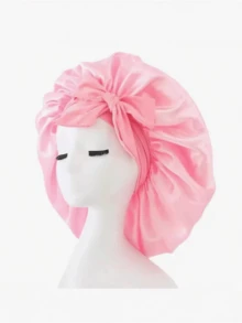 Touca de dormir de cetim, macia e luxuosa, rosa, com forro de cetim, em seda mulberry, com alça ajustável e laço decorativo, e design plissado confortável. - Multicolorido - Ver 7