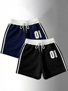 Navy Contrast Waistband Shorts, Soft Fabric, Loose Fit, Numeric Print & Striped Details For Casual American Vintage Vibe! Sports - Black - View 7