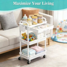 3 Tier Rolling Cart With Drawer, Bathroom Storage Organizer With 2 Lockable Wheels, Multifunctional Rolling Storage Cart For Bathroom, Kitchen, Office, Craft, Makeup, Baby Essentials, White - 白色 - 查看 3