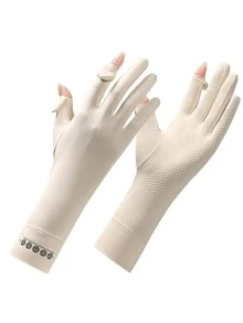 1 par de guantes sin dedos de longitud media para mujeres, guantes transpirables antideslizantes con protección UV para conducir, ciclismo y actividades al aire libre, para verano - Caqui - Ver 11