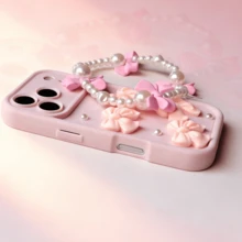 Ốp điện thoại 3D màu hồng đính nơ và ngọc trai xinh xắn, kèm dây đeo cổ tay, chống rơi vỡ, kiểu dáng nữ tính. - Hồng - Xem 7