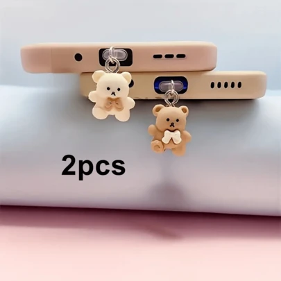 2 piezas Decoraciones de tapón antipolvo para teléfono con diseño de pareja de osos de dibujos animados en una historia de amor