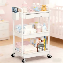3 Tier Rolling Cart With Drawer, Bathroom Storage Organizer With 2 Lockable Wheels, Multifunctional Rolling Storage Cart For Bathroom, Kitchen, Office, Craft, Makeup, Baby Essentials, White - 白色 - 查看 6
