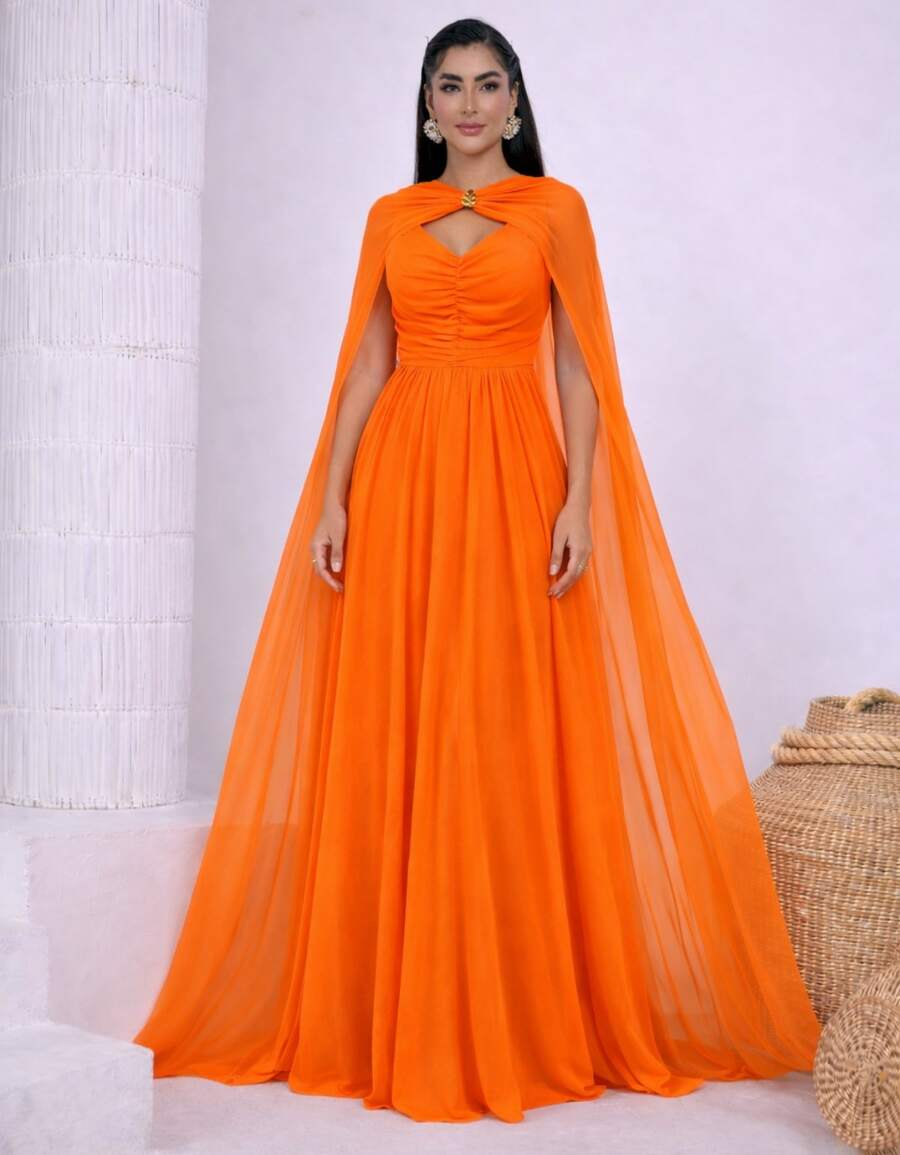 Women's Long Party Dress With Slit, Cape Sleeves, Gathered Bust And Brooch, Solid Color, Elegant, For New Year's Eve, Wedding, Bridesmaid, Graduation. - 橘色 - 查看 1