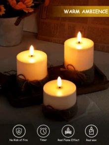 Bộ 3 đèn LED điện tử không lửa (không kèm pin), có điều khiển từ xa và hẹn giờ, thời gian hẹn giờ 2/4/6/8 giờ, hiệu ứng ngọn lửa lập lòe, thích hợp cho đám cưới, cầu hôn, Giáng sinh, Ngày Valentine, tiệc công ty, Ngày của Mẹ. - ánh sáng ấm áp - Xem 3