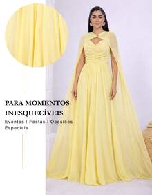 Women's Long Party Dress With Slit, Cape Sleeves, Gathered Bust And Brooch, Solid Color, Elegant, For New Year's Eve, Wedding, Bridesmaid, Graduation. - 黃色 - 查看 7