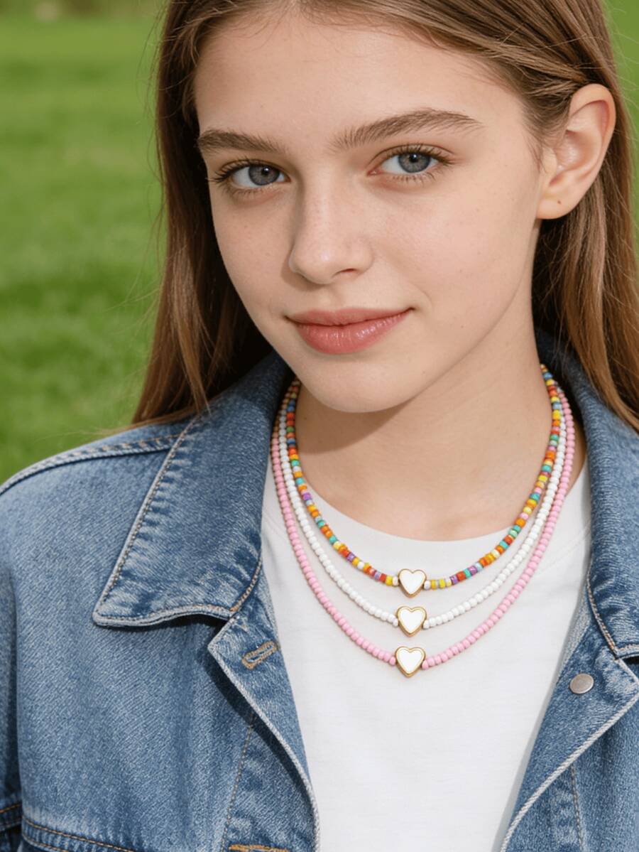 Conjunto de 3 collares hechos a mano con cuentas de arroz estilo bohemio, diseño de corazón blanco, joyería colorida para niñas - Multicolor - Ver 1