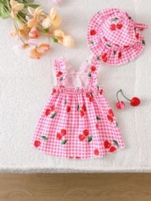 Kattunge och valp, klassisk blåpläd med körsbärsmönster, huvad hundklänning - Rosa - Visa 4