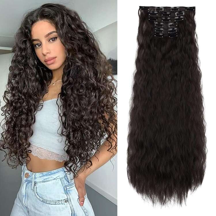 Clip In Hair Extensions,6PCS Hair Extensions Long Mermaid Waves Wavy Synthetic Clip On Hairpiece For Women 24 Inch Black - 自然黑-2# - 查看 1