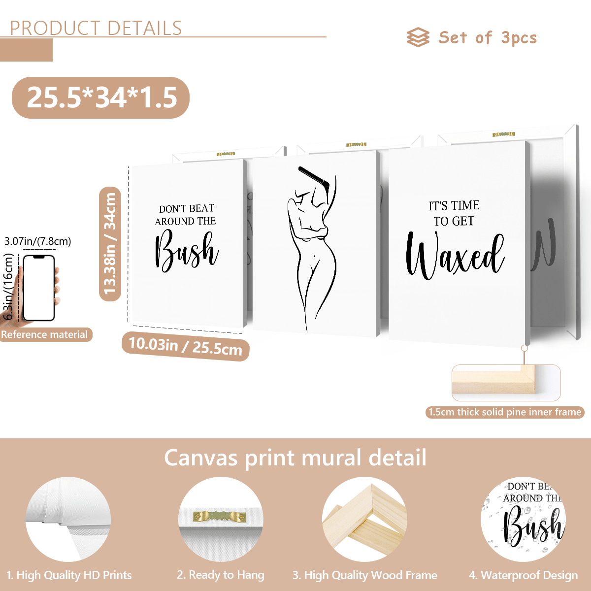 3件套“直言不讳”蜡墙饰，人体蜡帆布画，名言，海报，绘画，美容师装饰画，无框墙饰，适用于家居装饰，房间装饰，卧室装饰，客厅装饰，浴室装饰，墙面装饰，可选带框墙饰。 - A - 查看 19