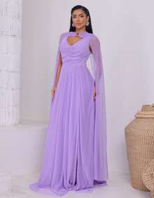 Women's Long Party Dress With Slit, Cape Sleeves, Gathered Bust And Brooch, Solid Color, Elegant, For New Year's Eve, Wedding, Bridesmaid, Graduation. - 紫丁香 - 查看 1