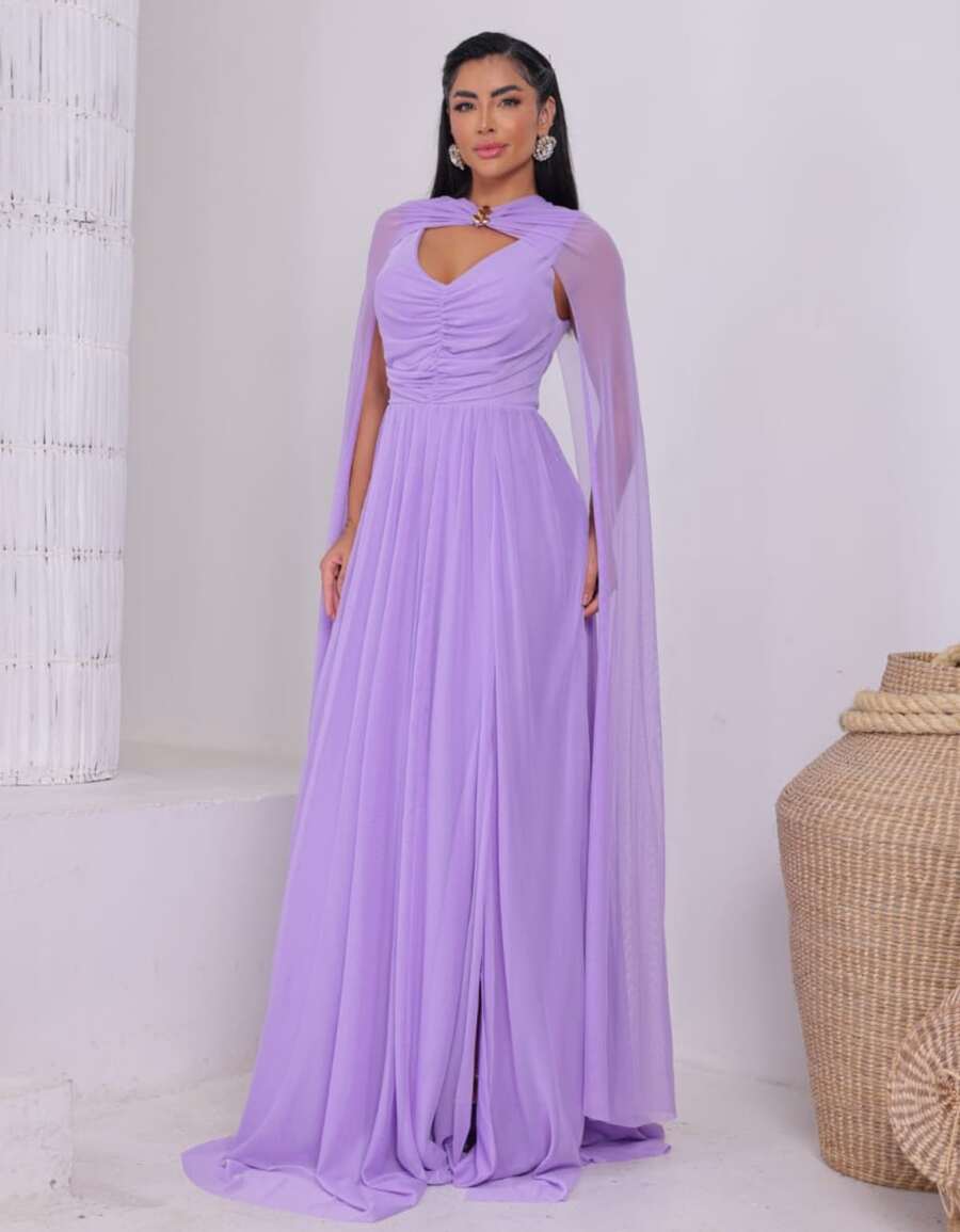 Women's Long Party Dress With Slit, Cape Sleeves, Gathered Bust And Brooch, Solid Color, Elegant, For New Year's Eve, Wedding, Bridesmaid, Graduation. - 紫丁香 - 查看 1