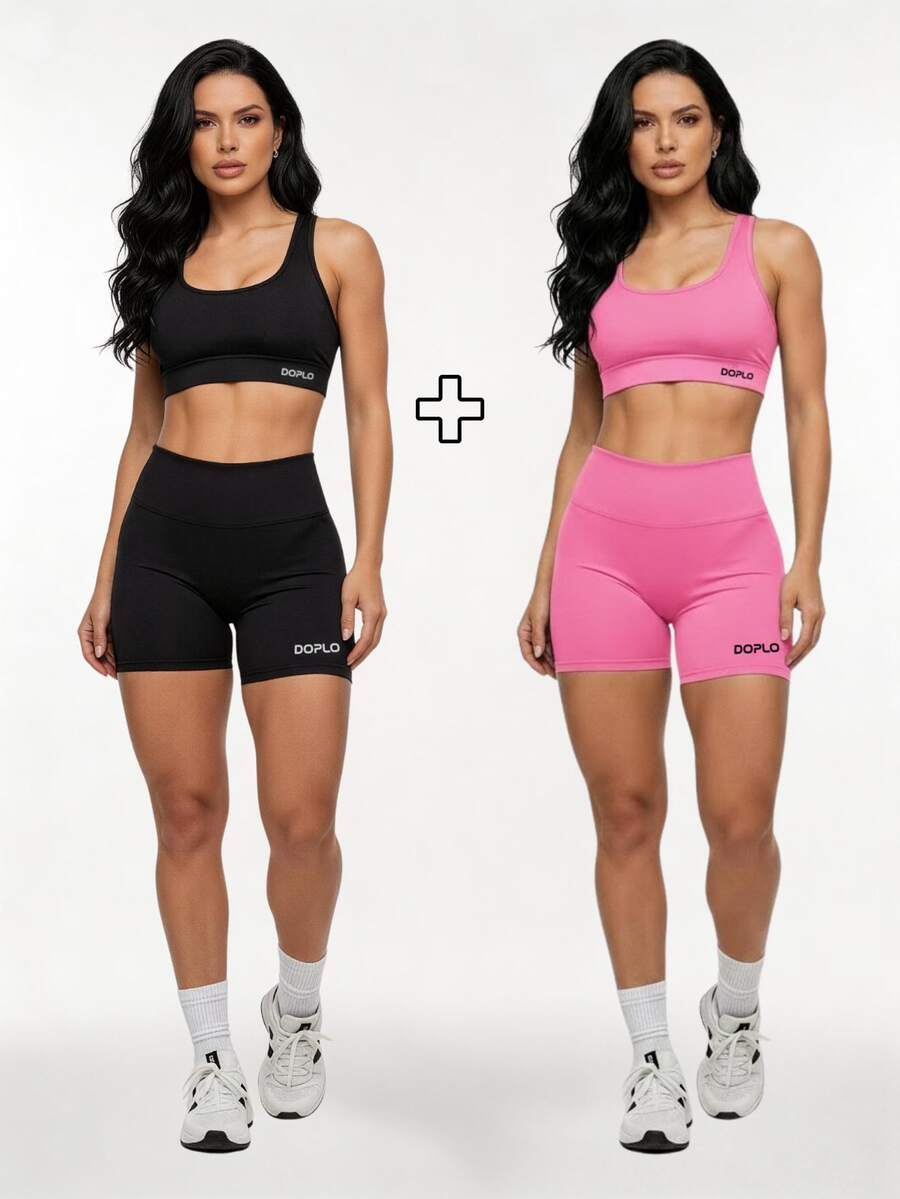 Kit Of 2: Top And Shorts Set, High-Waisted Shaping Gym Fashion For Women - Hitam/Merah Muda - View 1
