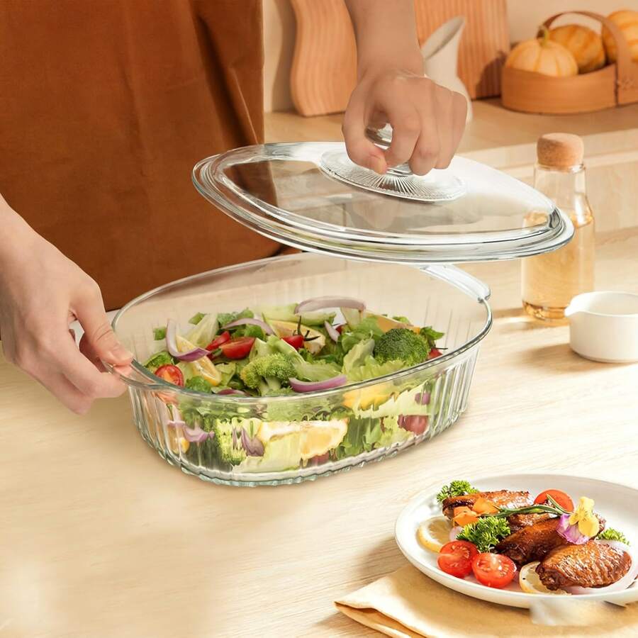 Glass Casserole Dish With Lid, 2.8L/3 Quart Ribbed Oval Roasting Pan For Oven And Microwave, Transparent Lead-Free Covered Kitchenware, Multifunctional Deep Glass Food Container For Baking And Cooking