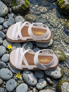 Kids Girls White Braided Crisscross Open Toe Sandals, Hook-And-Loop Ankle Strap Casual Shoes, Non-Slip Wear-Resistant Sole, Comfortable Padded Insole - White - View 4