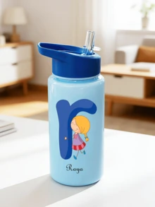 Customizable Name Text, 500ml Kids Water Bottle With Straw Cup, Best Gift For Girls And Boys For School/Graduation, Outdoor Sports Water Bottle, 26 Letters Campus Student Cup - Solid Color - View 12