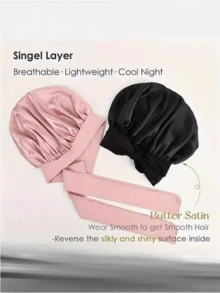 Touca de dormir de cetim, macia e luxuosa, rosa, com forro de cetim, em seda mulberry, com alça ajustável e laço decorativo, e design plissado confortável. - Multicolorido - Ver 4