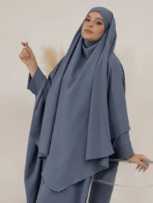 两件套穆斯林女性祈祷服套装，长袖宽松长袍，祈祷头巾，适合节日穿着 - 彩色 - 查看 3