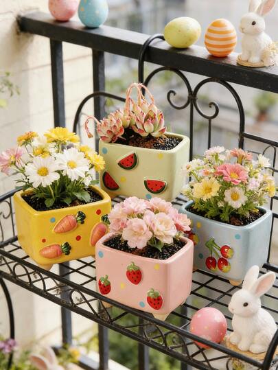 可爱水果图案花盆，创意卡通陶瓷花盆，园艺家居装饰，草莓/樱桃/西瓜/胡萝卜手绘花盆，大直径可爱水果彩绘卡通陶瓷花盆，春季花盆，阳台装饰，户外园艺用品，适用于花园/卧室/窗台/酒店/餐桌装饰，节日装饰，复活节礼物，复活节装饰品，精美礼品