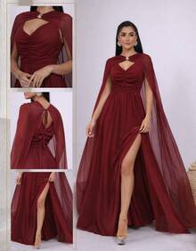 Women's Long Party Dress With Slit, Cape Sleeves, Gathered Bust And Brooch, Solid Color, Elegant, For New Year's Eve, Wedding, Bridesmaid, Graduation. - 紅木色 - 查看 5