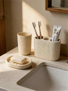 Hộp đựng đồ dùng nhà tắm kiểu Wabi-Sabi màu trắng ngà làm từ nhựa, mang họa tiết lấy cảm hứng từ đá travertine tự nhiên. Chiếc hộp màu trắng kem này có các chi tiết xốp tự nhiên và các cạnh bo tròn mềm mại. - Nhiều màu - Xem 3