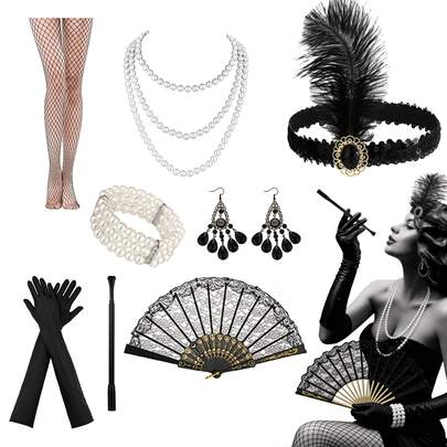 8pcs/Set 1920s Flapper Girl Costume Accessories, Including 1920s Charleston Dress, Headpiece, Pearl Necklace, Bracelet, Earrings, Black Long Gloves And Vintage Lace Fan, Suitable For Women And Girls To Attend 1920s Themed Parties And Halloween Events