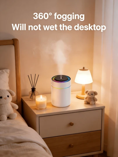 便携式迷你加湿器，带彩色LED灯，360°无水雾化桌面香薰机，USB供电香薰加湿器，适用于汽车、办公室、卧室和家庭。