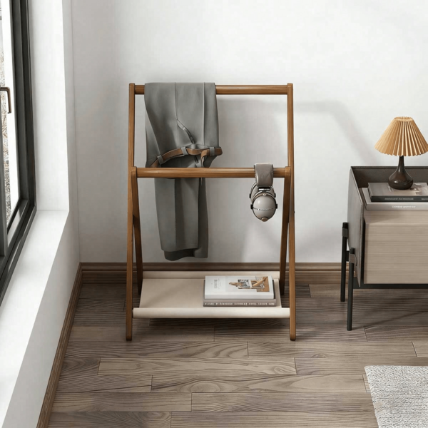 1 pieza Percha vertical plegable y compacta de bambú, apta para uso doméstico, se puede usar como toallero, percha multifuncional para abrigos, estantería de almacenamiento, armario independiente, solución de almacenamiento multifuncional para dormitorio y sala de estar, diseño sin rebabas que protege la ropa, también se puede usar como estantería simple para zapatos y almacenamiento.