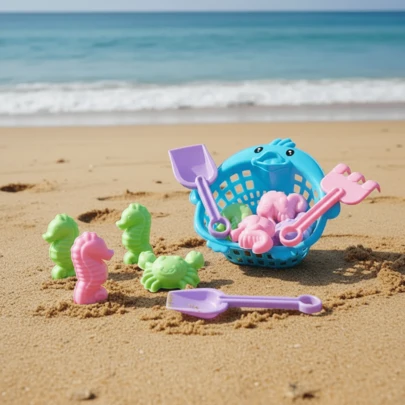 CASAMAX WL 7 piezas. Set de juguetes de playa infantil. Canasta con pala, rastrillo y moldes. El color se envía al azar.