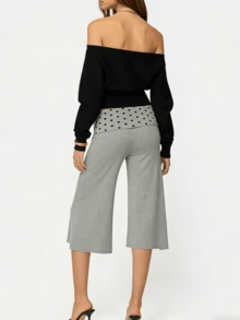 Women's Fold Over Waist Capri Fashionable Casual Solid Color Low Rise Wide Leg Crop Pants - 深灰色 - 查看 4