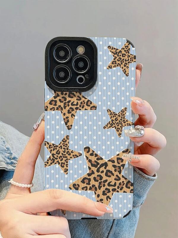 1个新款时尚优雅蓝色底波点豹纹星形图案防震保护手机壳，设计精美，适合作为礼物送给亲朋好友，适用于 17/17Air/17Pro/17ProMax/ 16/16Plus/16Pro/16ProMax/ 15/15Plus/15Pro/15ProMax/ 14/14Plus/14Pro/14ProMax/ 13/13Pro/13ProMax/ 12/12Pro/12ProMax/ 11/ 11Pro/11ProMax