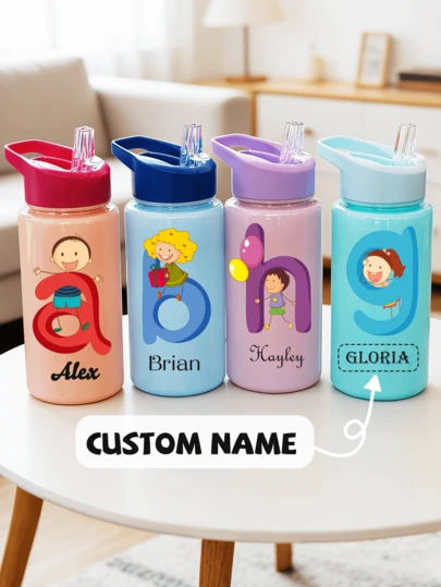 Customizable Name Text, 500ml Kids Water Bottle With Straw Cup, Best Gift For Girls And Boys For School/Graduation, Outdoor Sports Water Bottle, 26 Letters Campus Student Cup